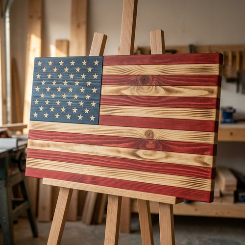 The Heartland Classic rustic wooden American flag on an easel