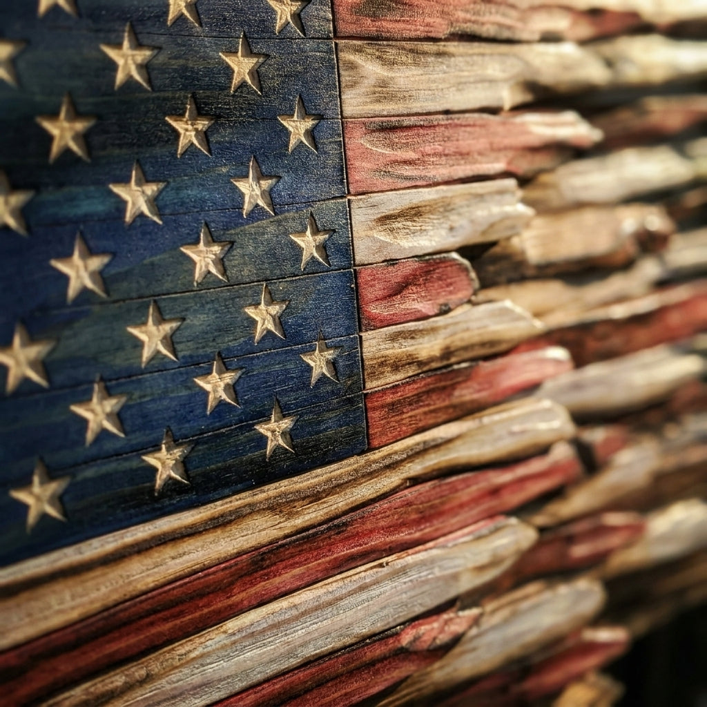 Close-up of the charred edges and carved stars on the handmade wooden flag