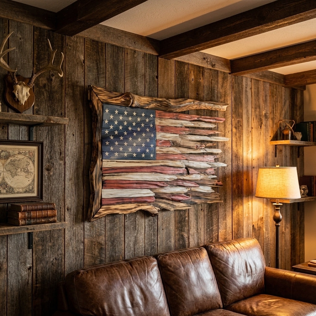The handmade wooden American flag displayed on a rustic living room wall