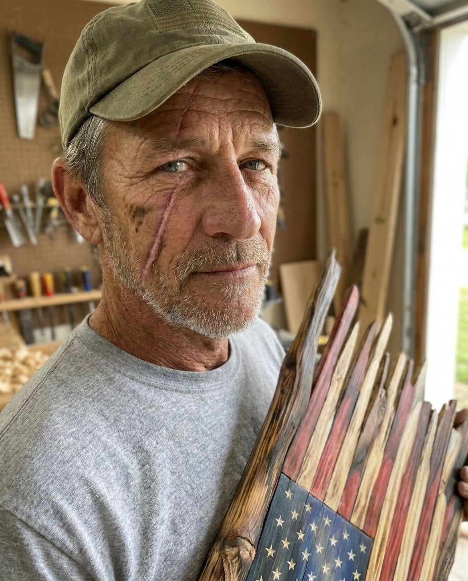 Wade, a wounded U.S. veteran woodworker, holding the handmade battle-worn wooden American flag in his workshop