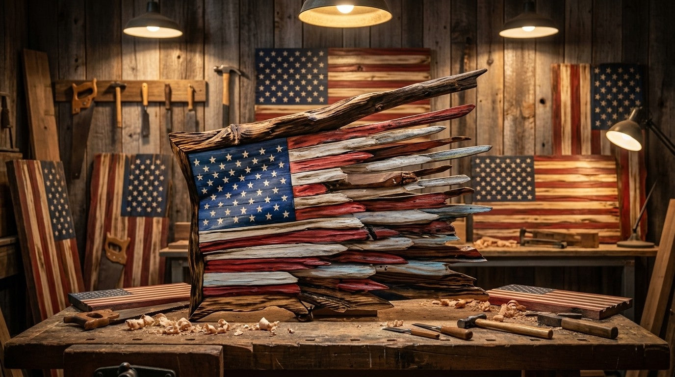 Handmade wooden American flags in a veteran's workshop
