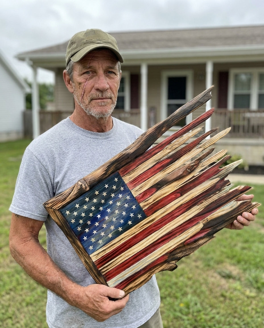 Wade holding the handmade tattered American flag in his front yard